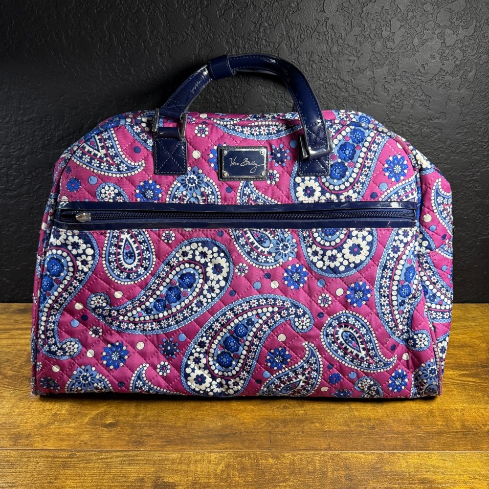 Vera Bradley Quilted Cotton Duffel Bag Pink Blue Paisley Travel Weekender Medium